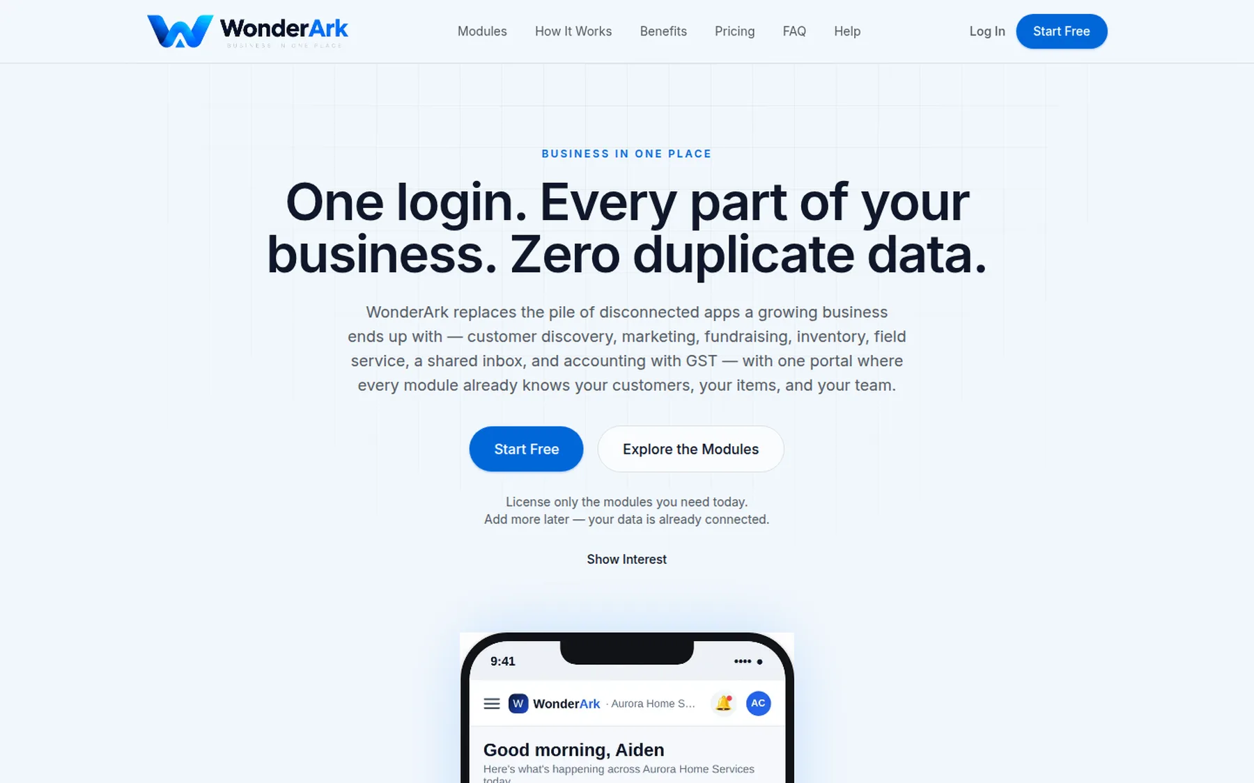 WonderArk landing page on desktop with the new brand: one login, every part of your business, zero duplicate data
