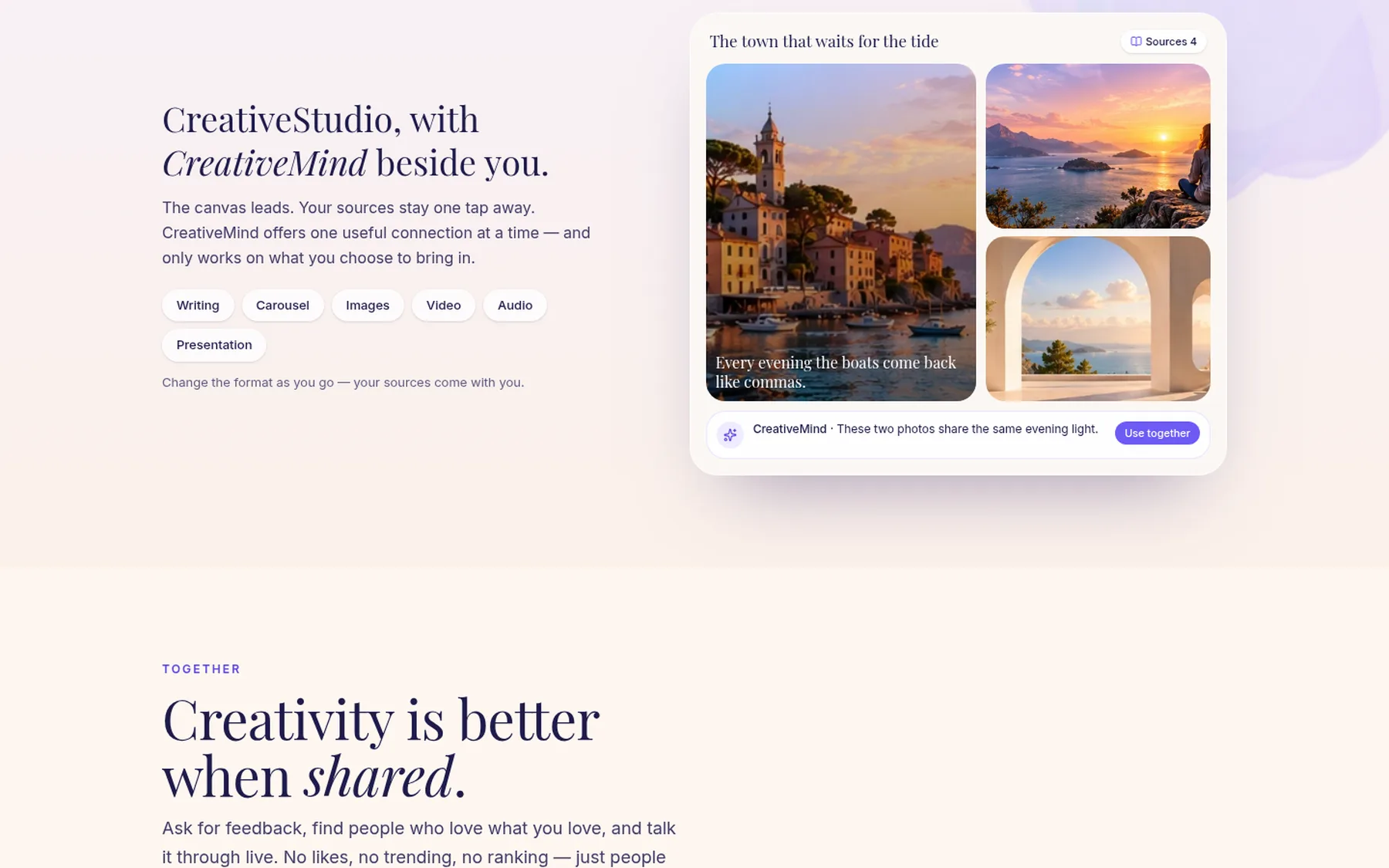 CreativeStudio with four sources on the canvas and a CreativeMind suggestion to use two photos together