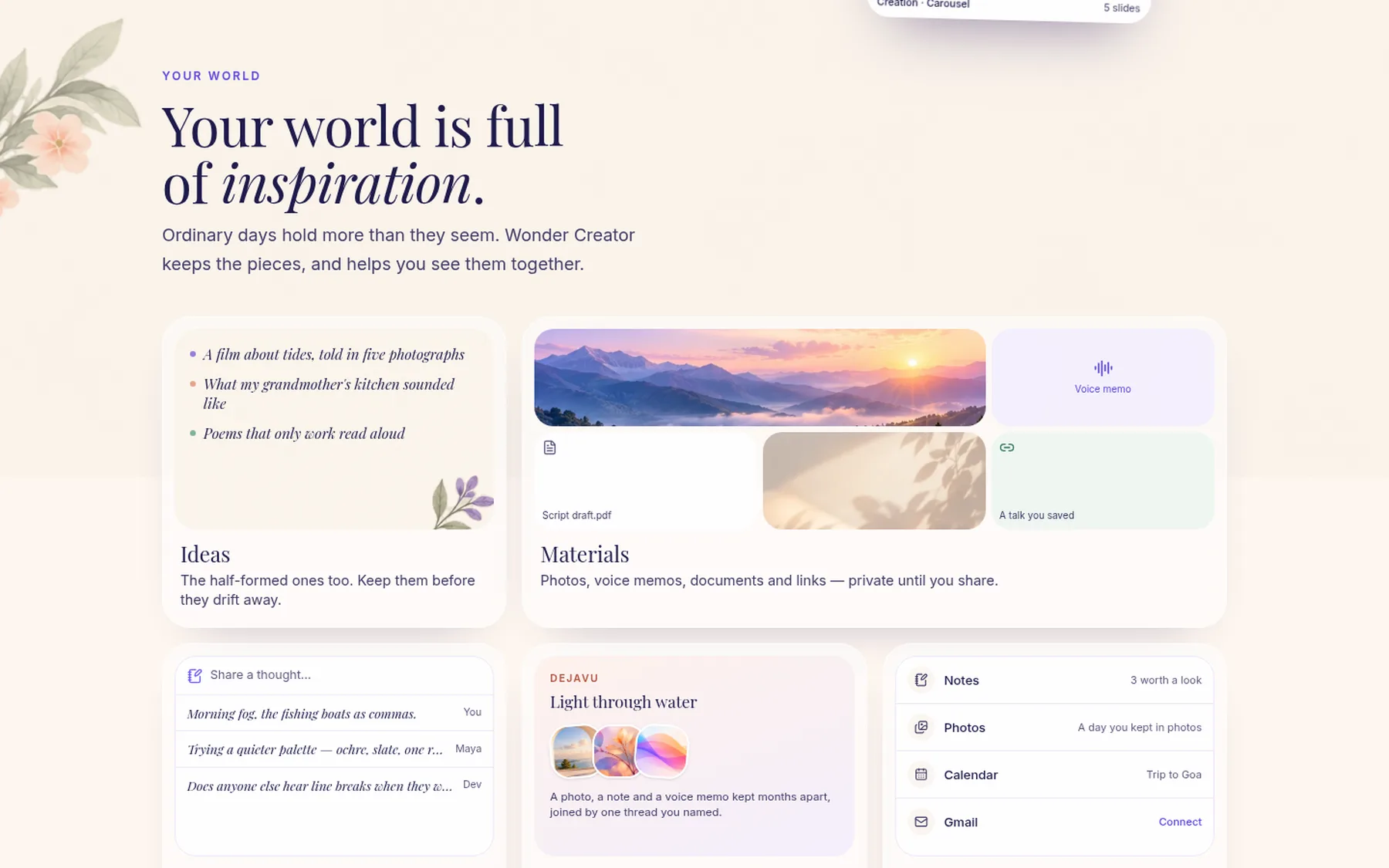 Ideas, Materials, Moments, DejaVu and personal sources shown as small product scenes