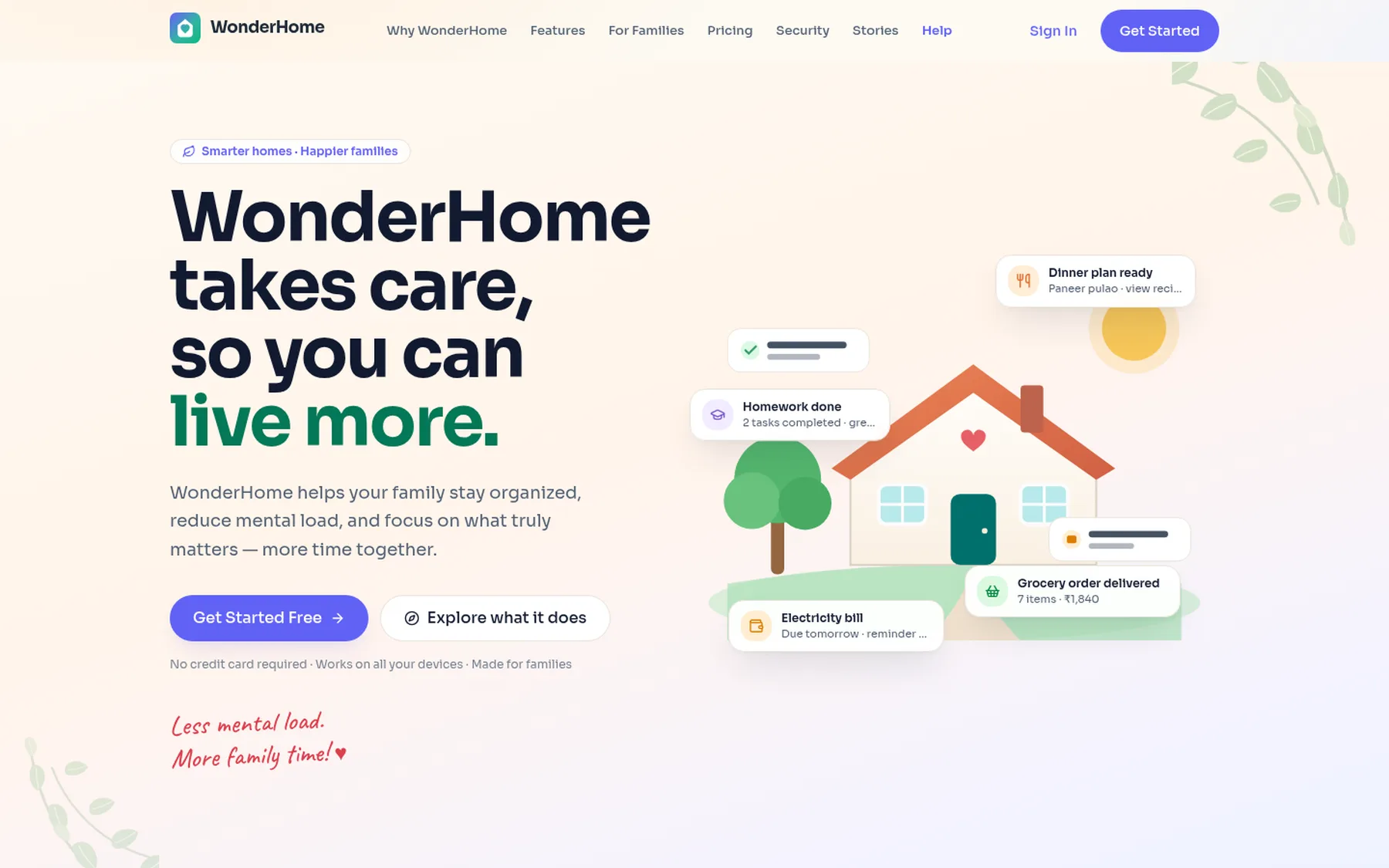 WonderHome landing page on desktop showing the hero 'WonderHome takes care, so you can live more' and a household dashboard preview