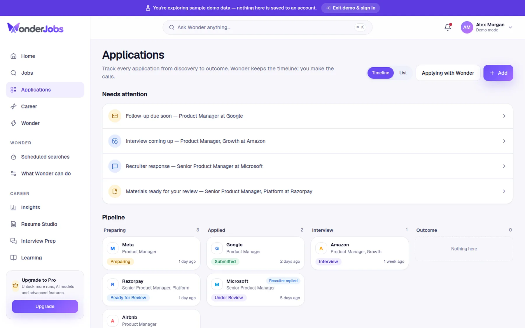 WonderJobs applications dashboard with a needs-attention list and pipeline board