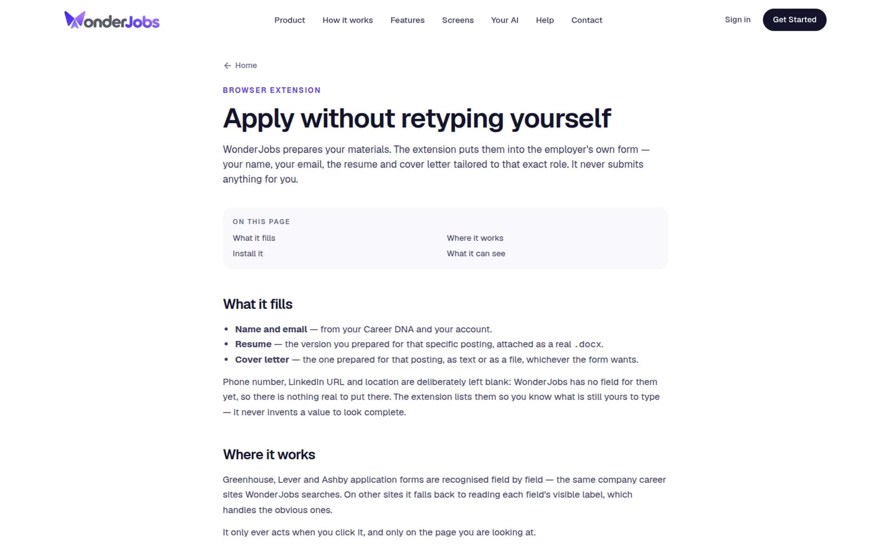 WonderJobs Apply with Wonder / browser extension page explaining what it fills and where it works