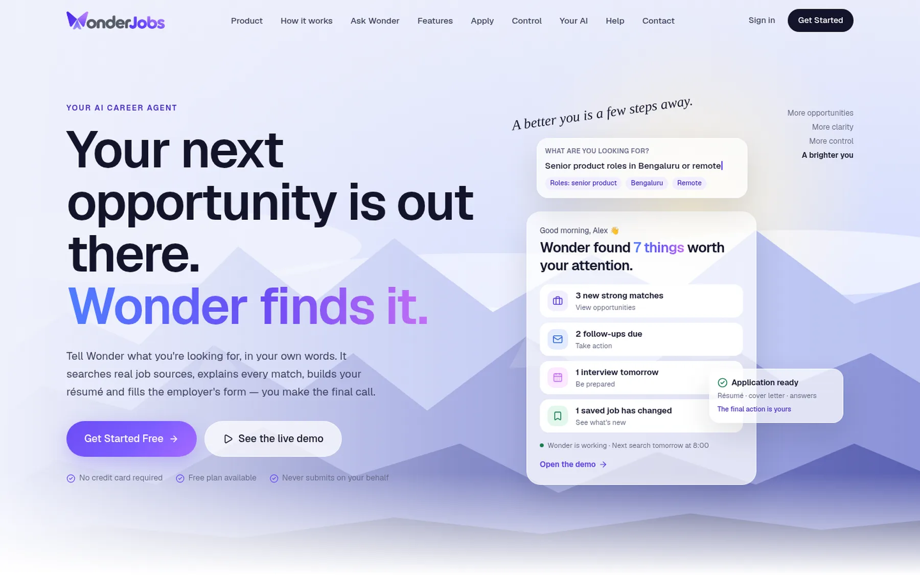 WonderJobs landing page on desktop: a plain-language search, today's priorities and an application ready for the candidate's final action