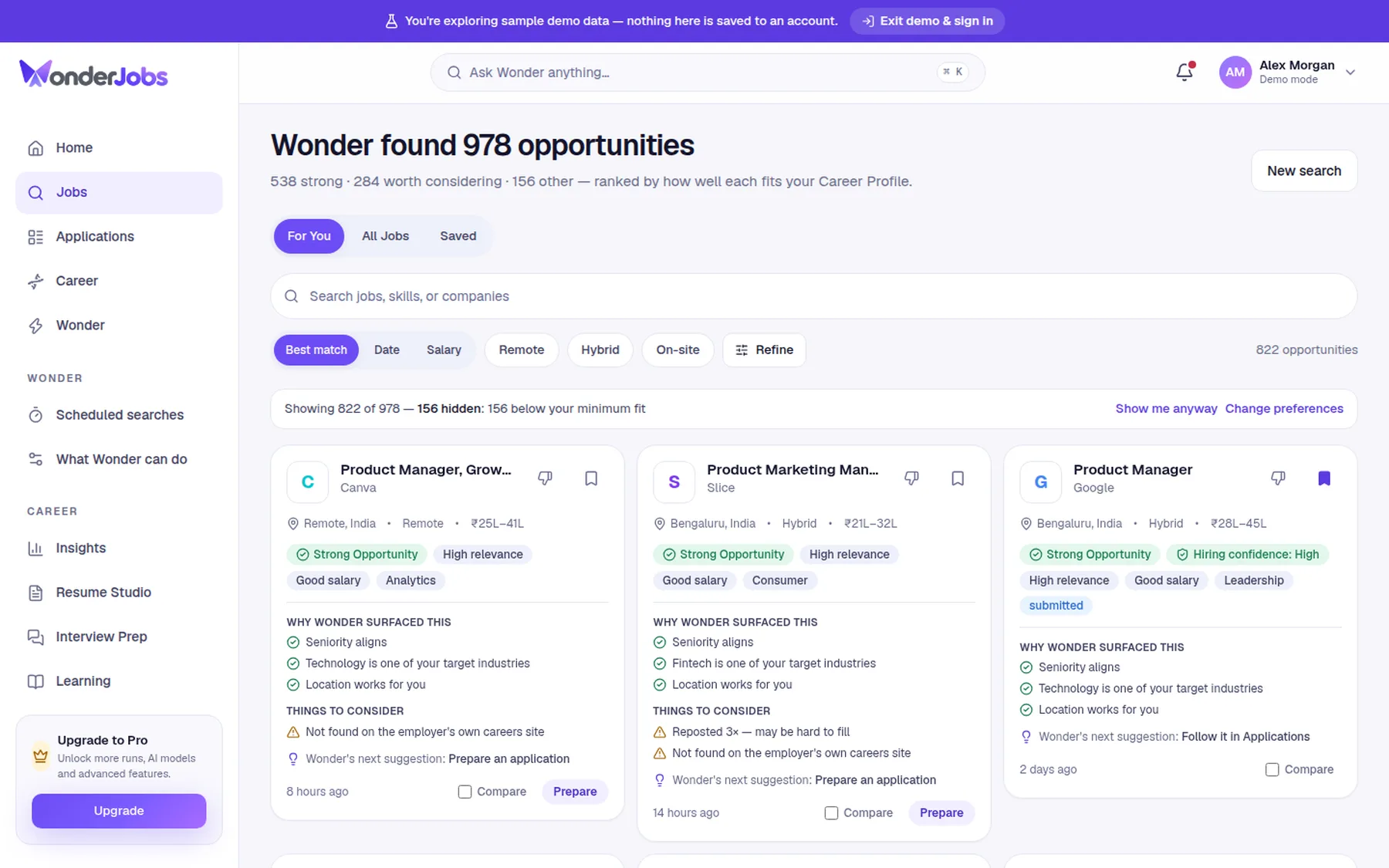 WonderJobs jobs list in demo mode with fit labels, filters and why-surfaced reasons