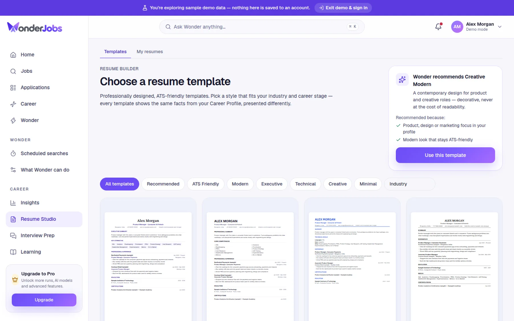 WonderJobs Résumé Studio showing eight ATS-friendly templates