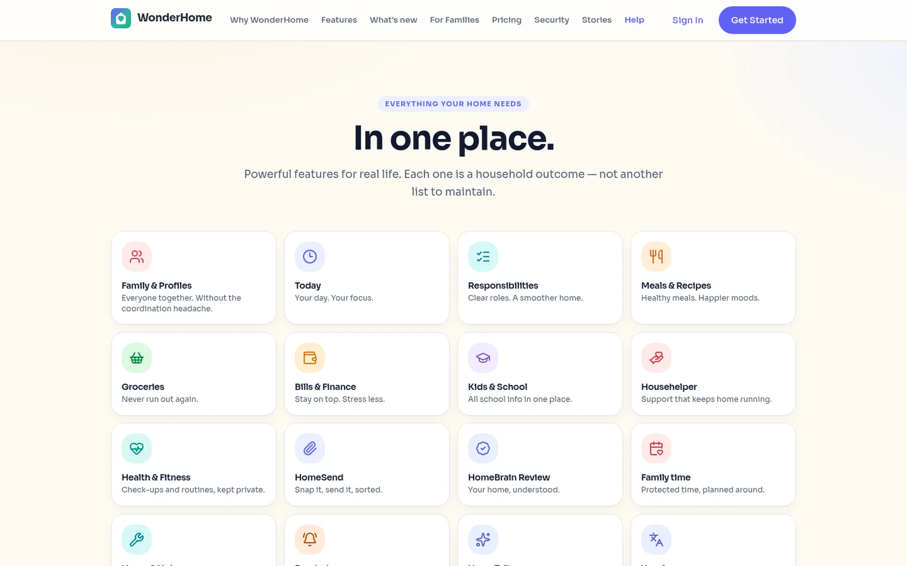 WonderHome features grid: 16 household domains from Family & Profiles to HomeSend and Your language