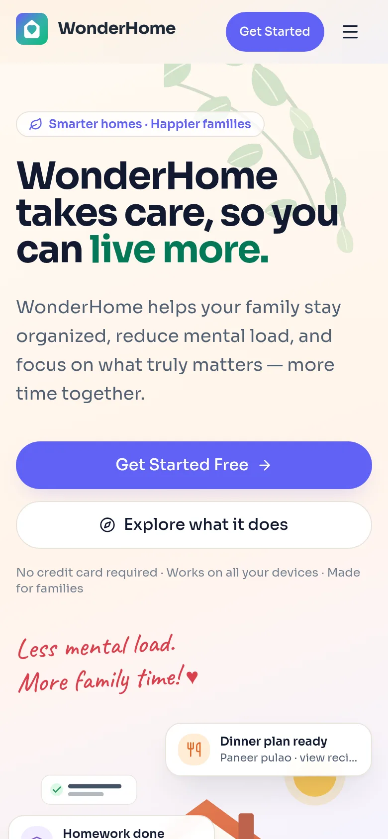 WonderHome on a phone, showing the mobile hero and Today view